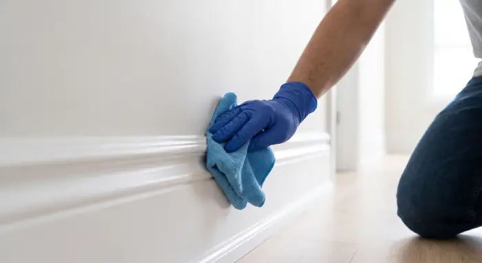 House cleaner wiping baseboards clear of construction dust after a renovation